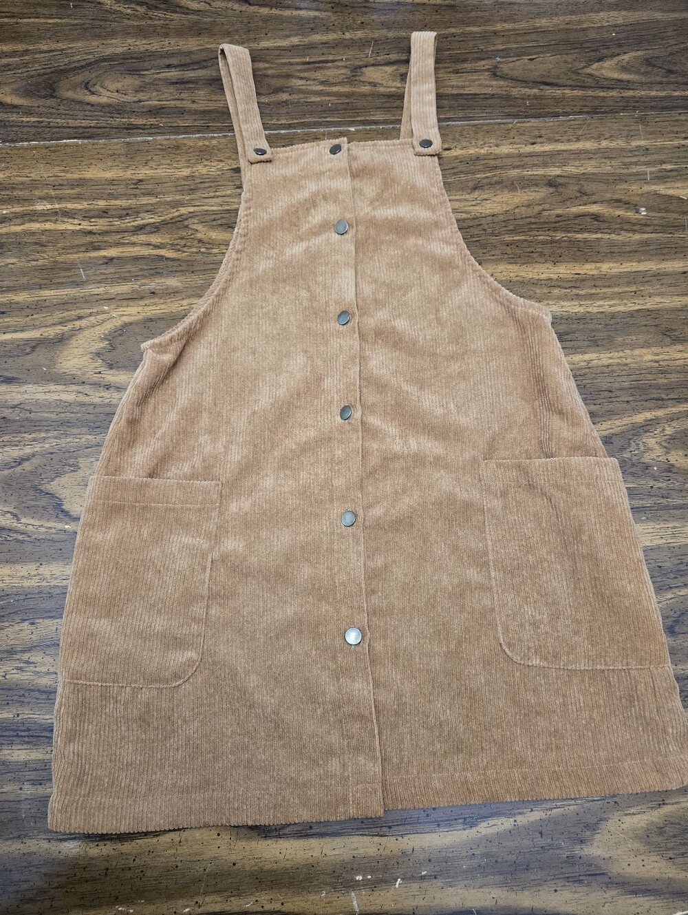 Corduroy Button-Front Pinafore Dress in Camel